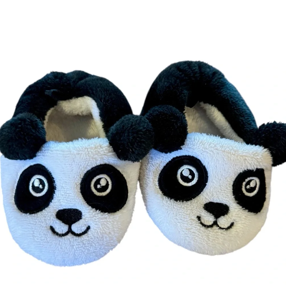 Adorable Infant Panda Plush Slippers - Black & White Size 2